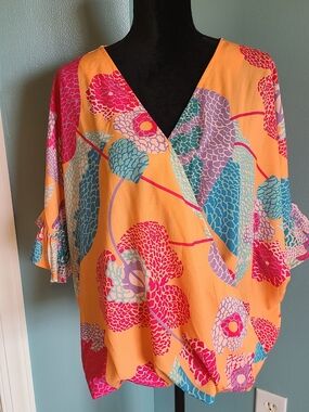 Women’s V-Neck Floral Blouse in Orange and Multi